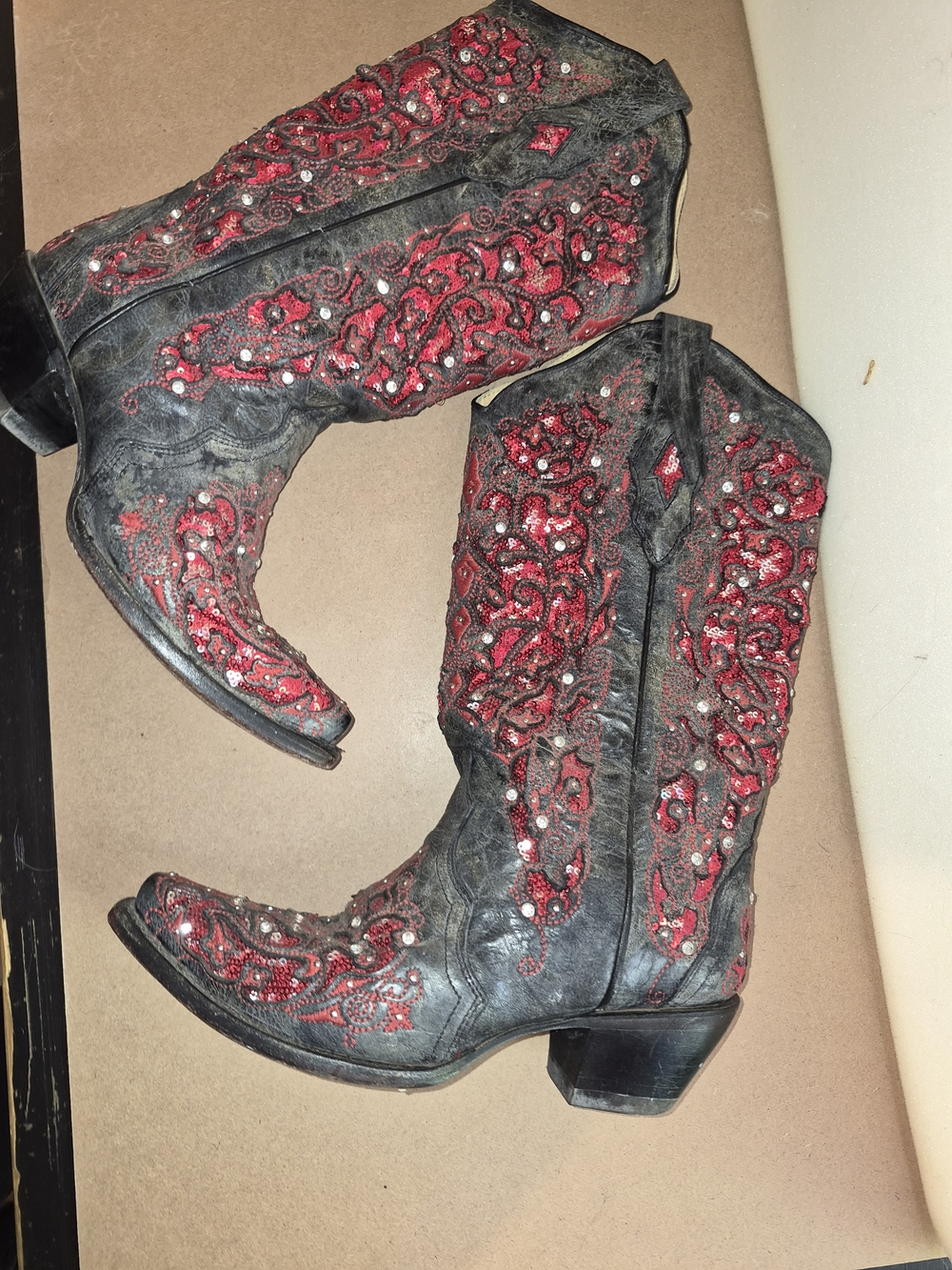 Embroidered Black Leather Western Heeled Boots with Red Accents